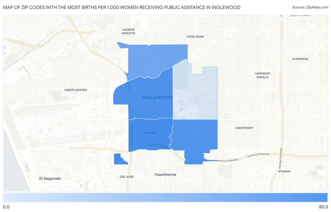 Zip Codes with the Most Births per 1,000 Women Receiving Public Assitance in Inglewood Map
