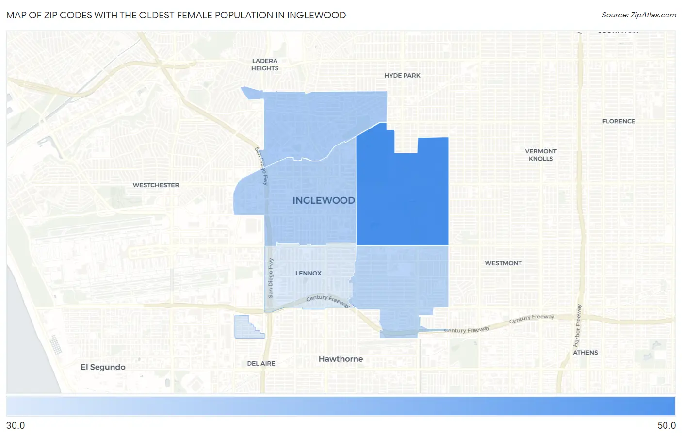 Zip Codes with the Oldest Female Population in Inglewood Map