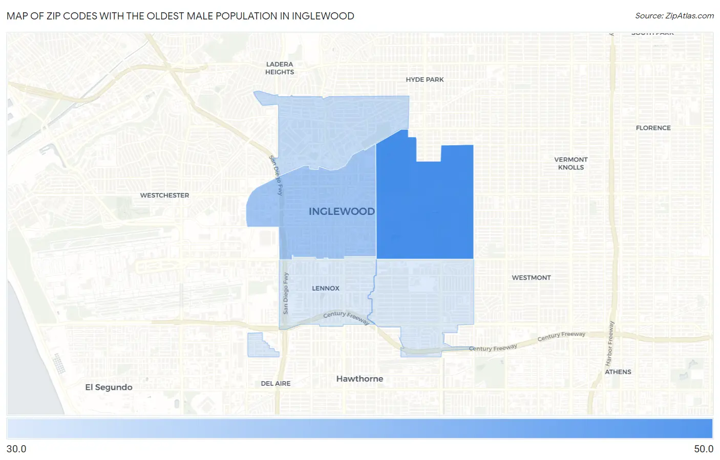 Zip Codes with the Oldest Male Population in Inglewood Map