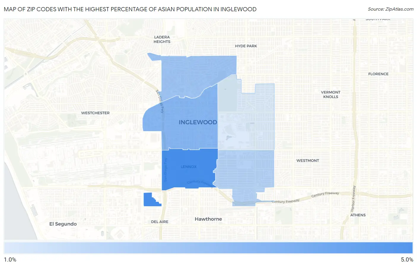 Zip Codes with the Highest Percentage of Asian Population in Inglewood Map