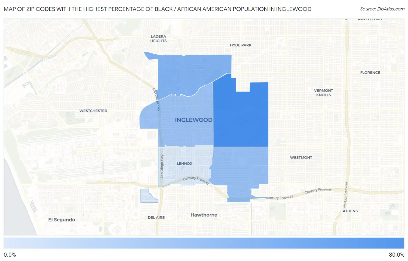 Zip Codes with the Highest Percentage of Black / African American Population in Inglewood Map