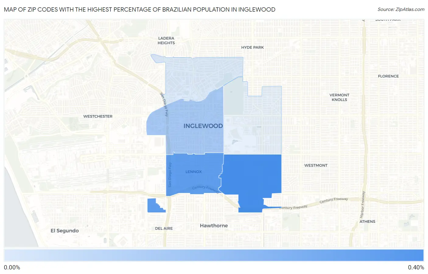 Zip Codes with the Highest Percentage of Brazilian Population in Inglewood Map