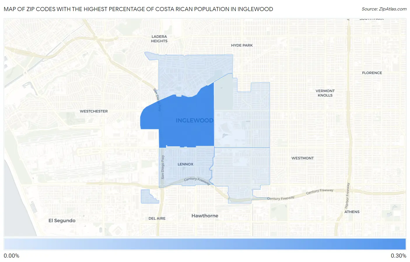 Zip Codes with the Highest Percentage of Costa Rican Population in Inglewood Map