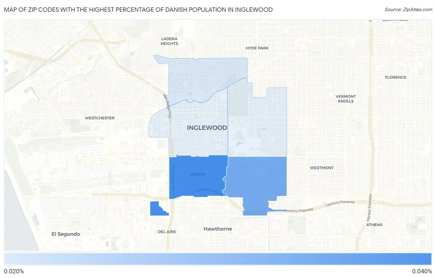 Zip Codes with the Highest Percentage of Danish Population in Inglewood Map