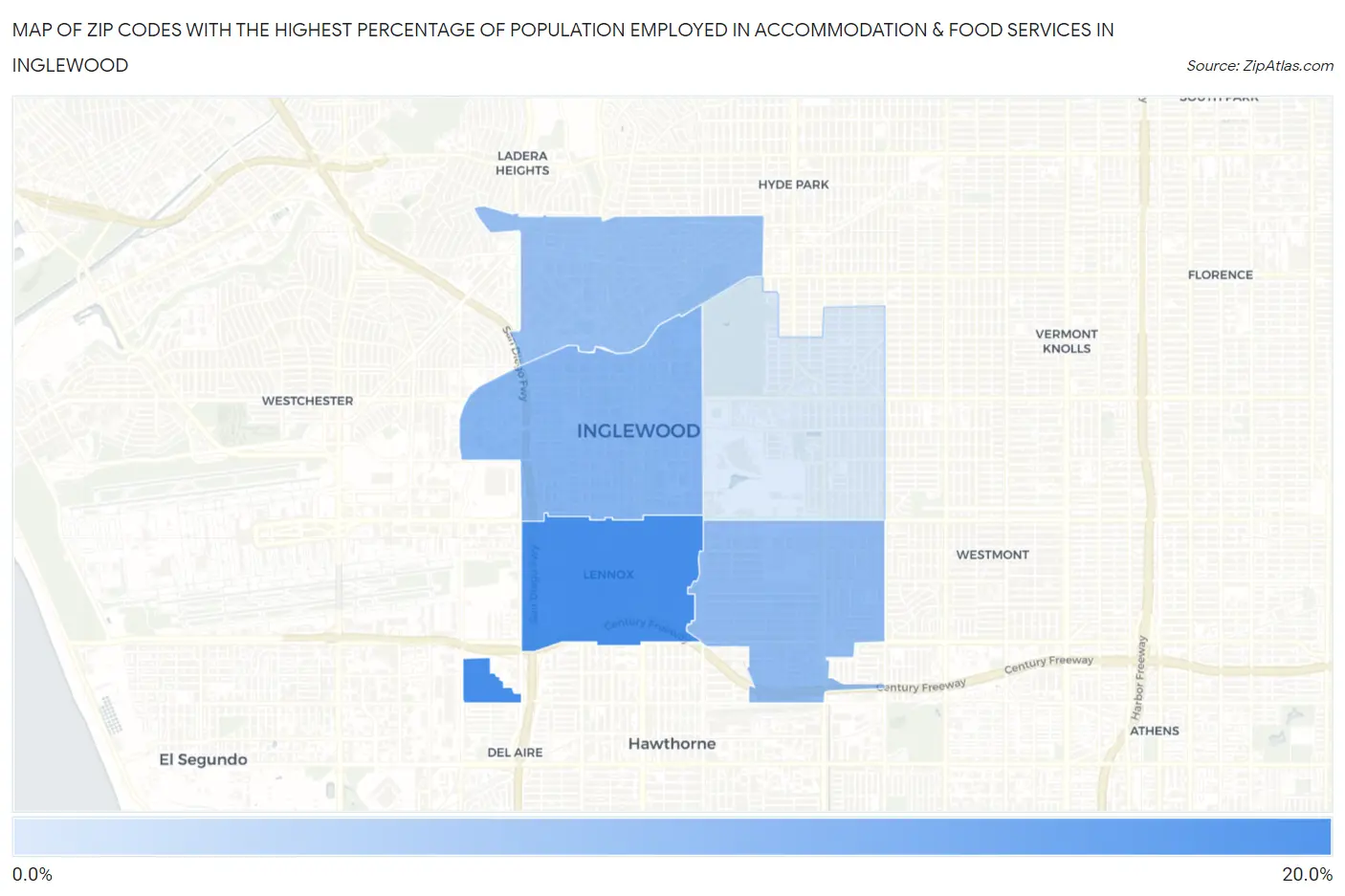 Zip Codes with the Highest Percentage of Population Employed in Accommodation & Food Services in Inglewood Map