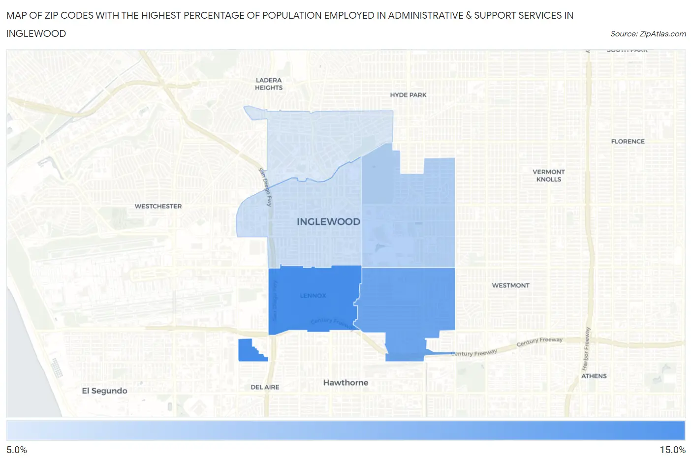Zip Codes with the Highest Percentage of Population Employed in Administrative & Support Services in Inglewood Map