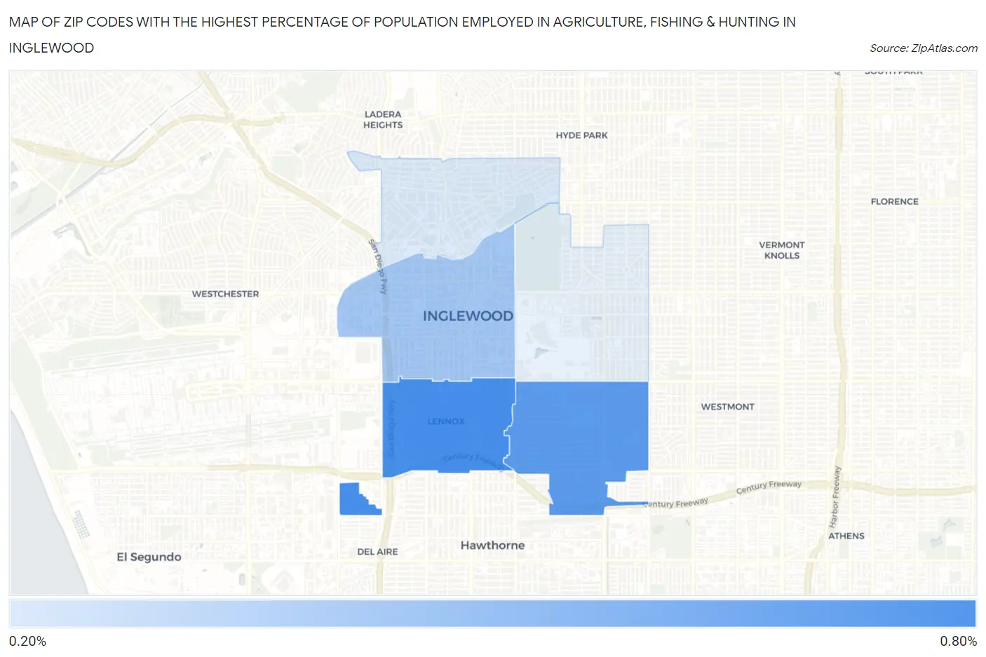 Zip Codes with the Highest Percentage of Population Employed in Agriculture, Fishing & Hunting in Inglewood Map
