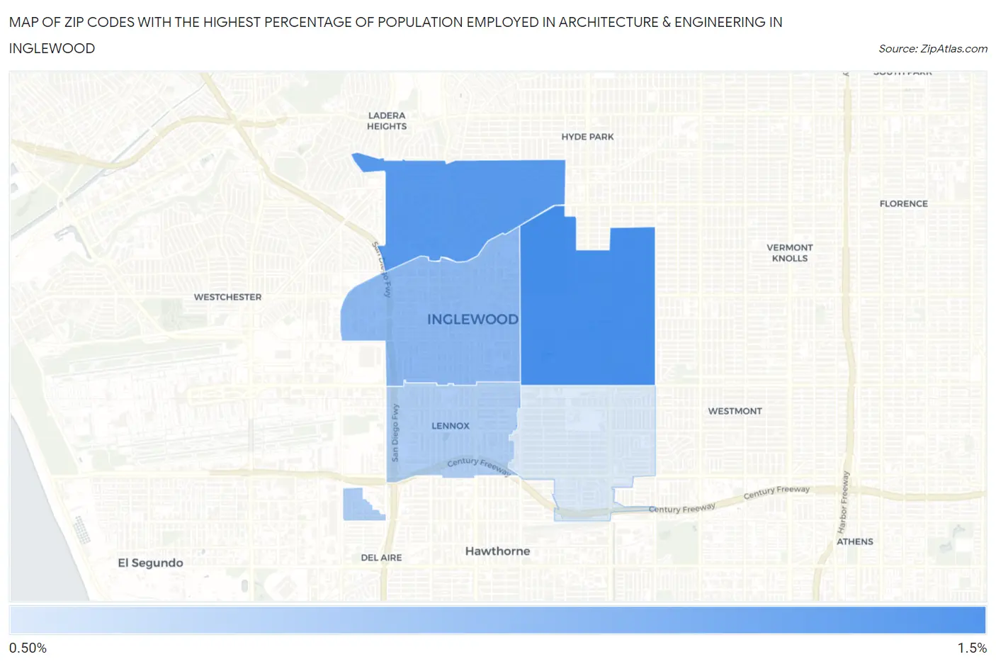 Zip Codes with the Highest Percentage of Population Employed in Architecture & Engineering in Inglewood Map