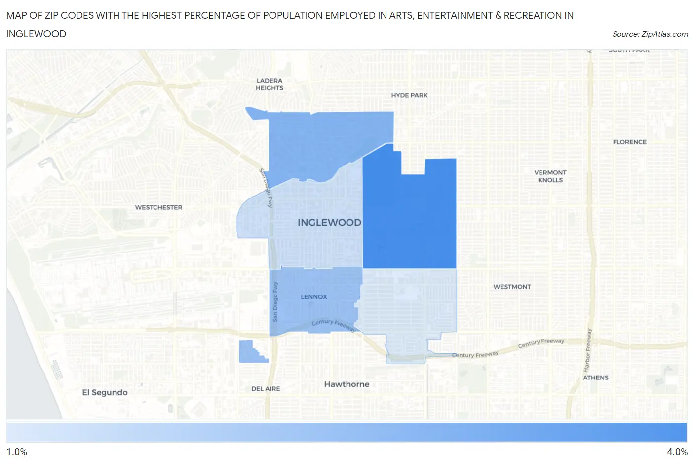 Zip Codes with the Highest Percentage of Population Employed in Arts, Entertainment & Recreation in Inglewood Map