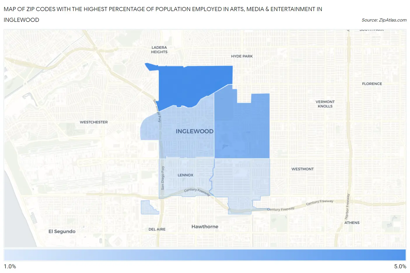 Zip Codes with the Highest Percentage of Population Employed in Arts, Media & Entertainment in Inglewood Map
