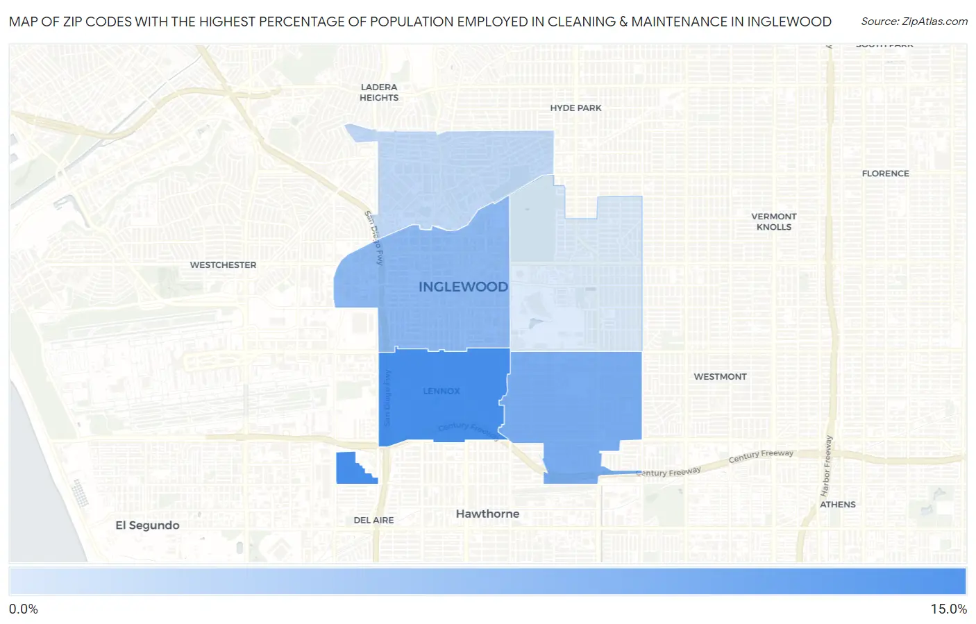 Zip Codes with the Highest Percentage of Population Employed in Cleaning & Maintenance in Inglewood Map