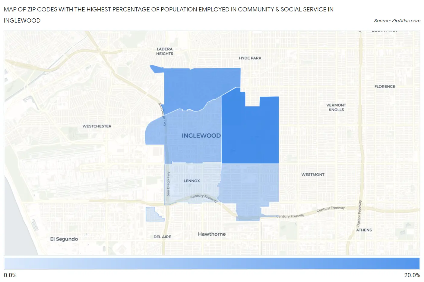 Zip Codes with the Highest Percentage of Population Employed in Community & Social Service  in Inglewood Map