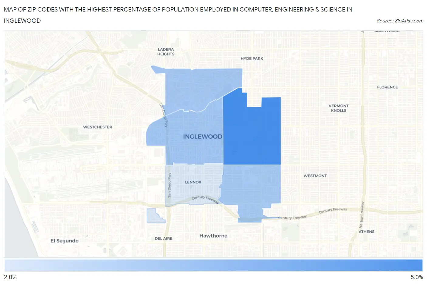 Zip Codes with the Highest Percentage of Population Employed in Computer, Engineering & Science in Inglewood Map