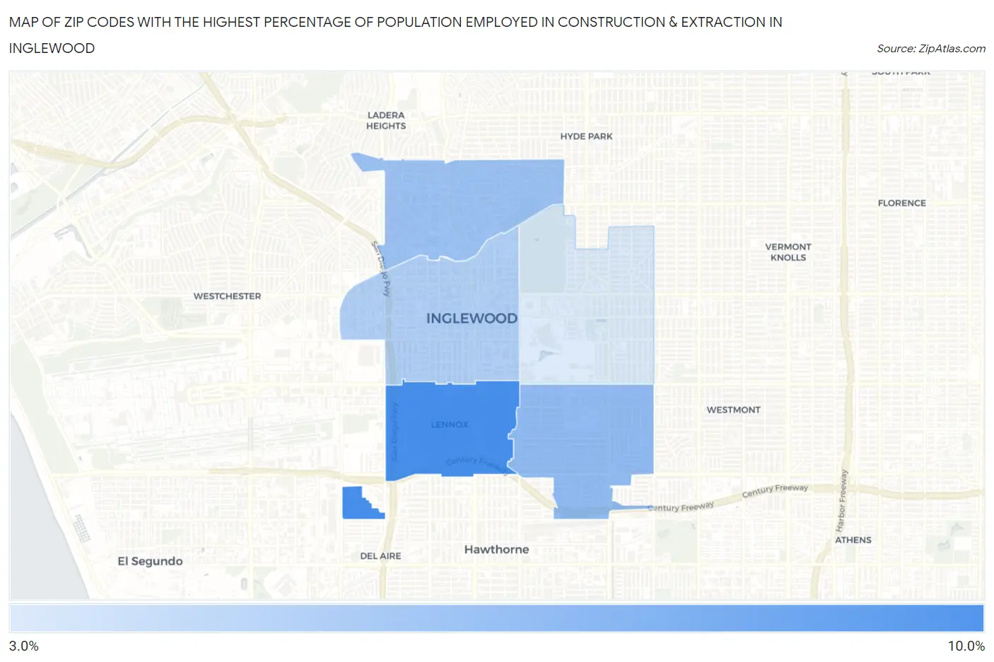 Zip Codes with the Highest Percentage of Population Employed in Construction & Extraction in Inglewood Map