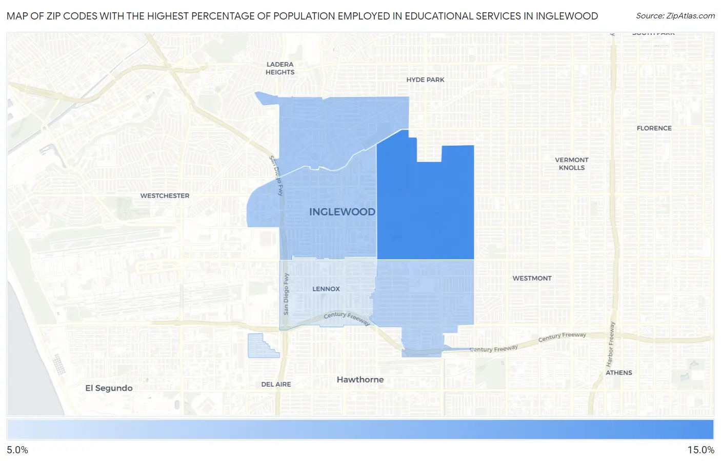 Zip Codes with the Highest Percentage of Population Employed in Educational Services in Inglewood Map