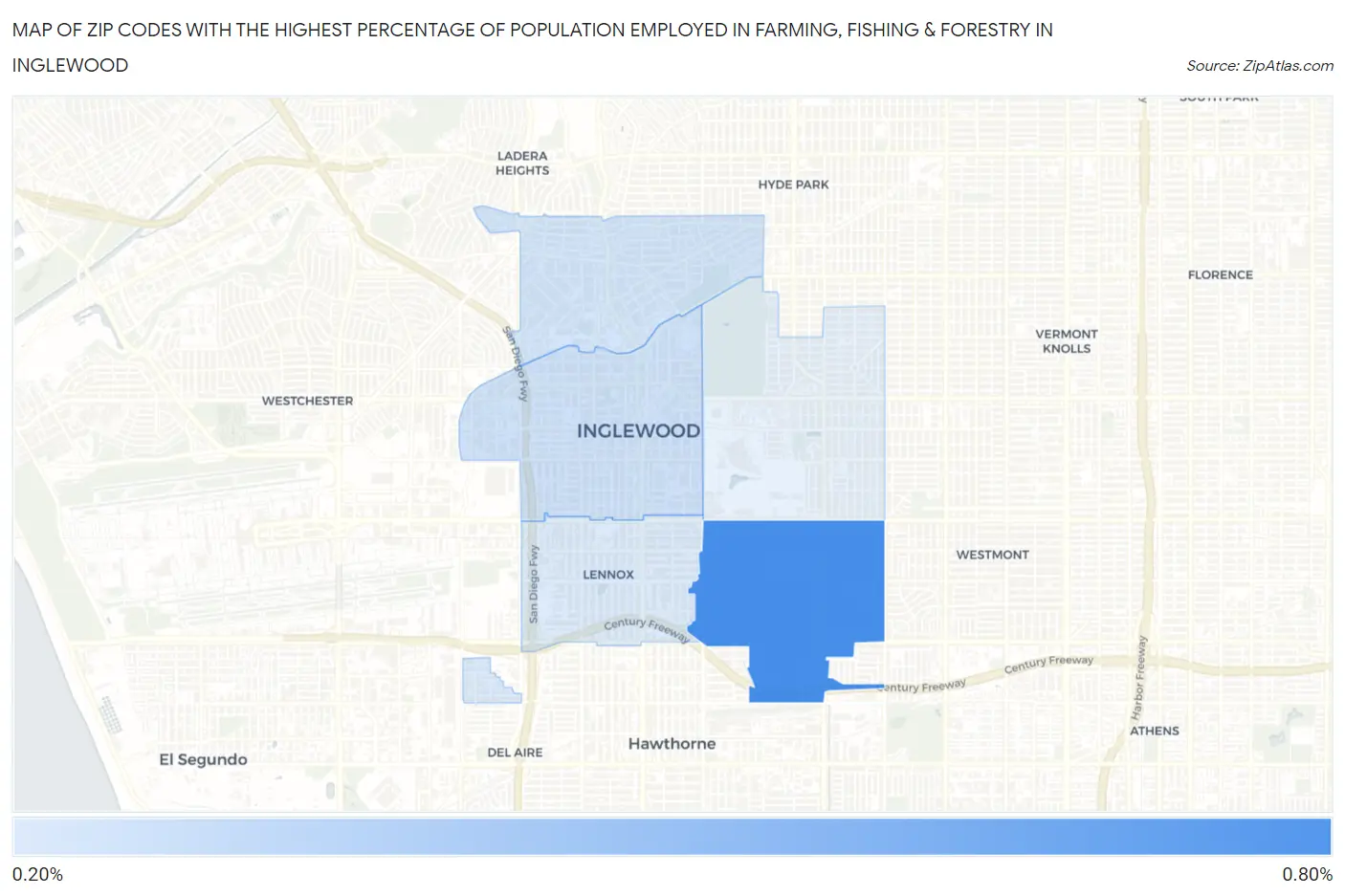 Zip Codes with the Highest Percentage of Population Employed in Farming, Fishing & Forestry in Inglewood Map