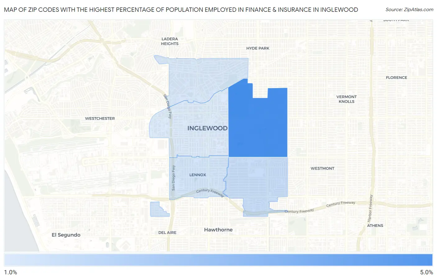 Zip Codes with the Highest Percentage of Population Employed in Finance & Insurance in Inglewood Map
