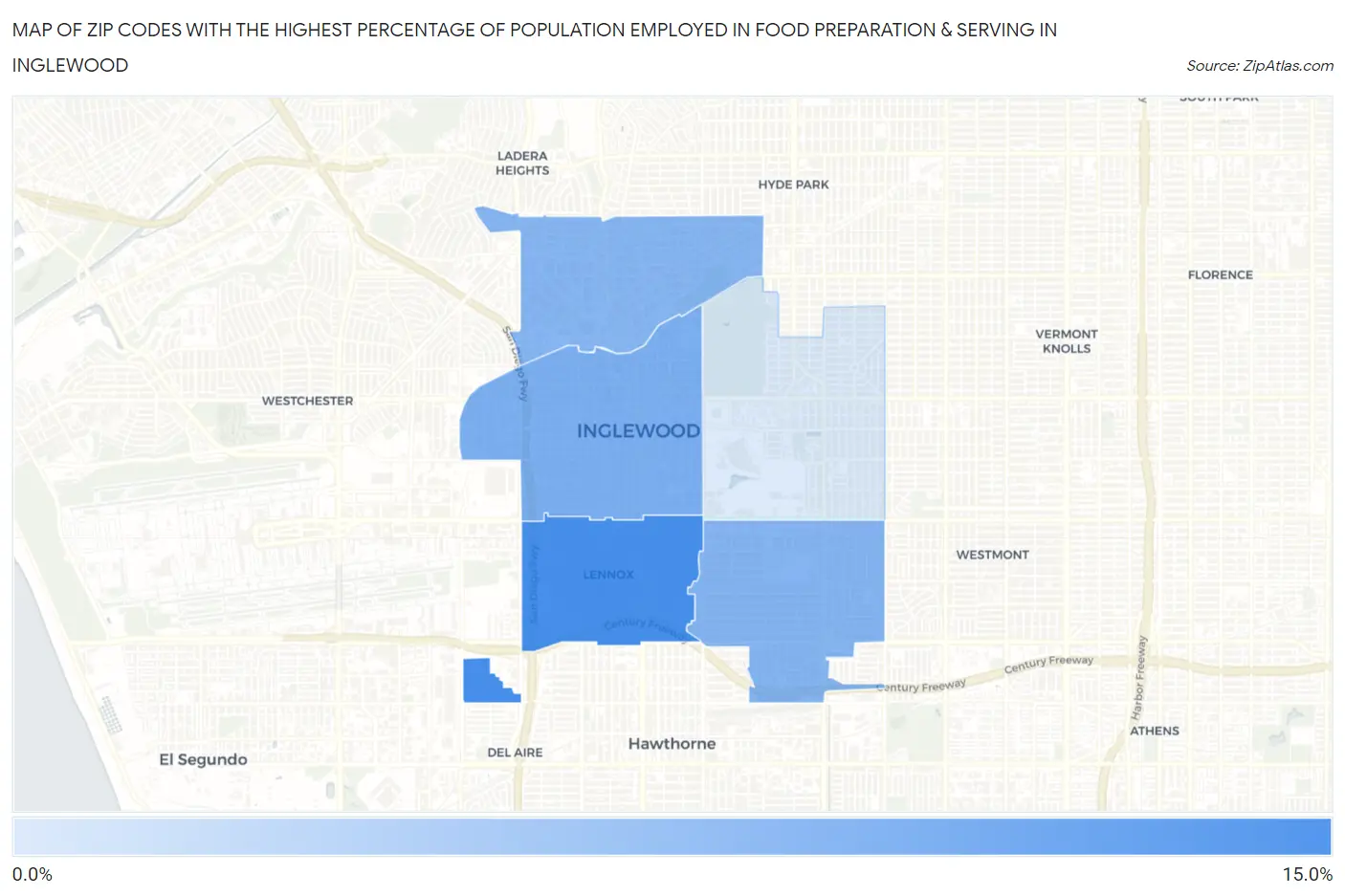 Zip Codes with the Highest Percentage of Population Employed in Food Preparation & Serving in Inglewood Map