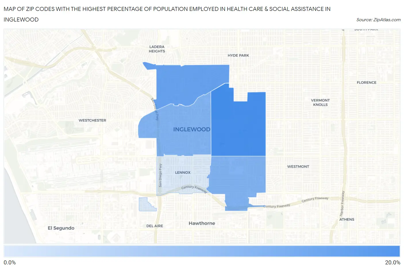 Zip Codes with the Highest Percentage of Population Employed in Health Care & Social Assistance in Inglewood Map