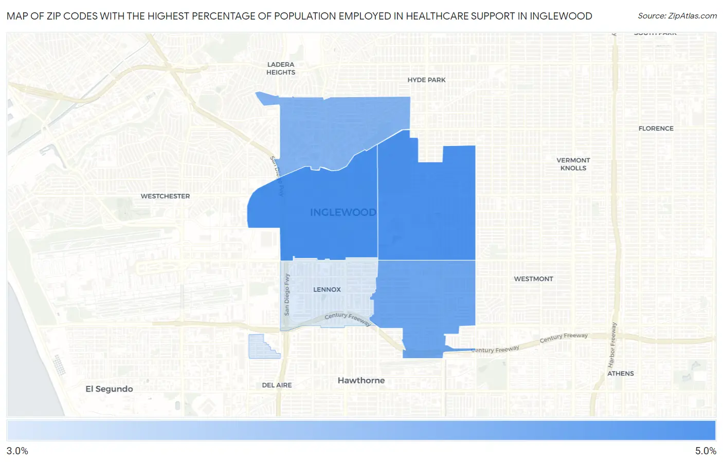 Zip Codes with the Highest Percentage of Population Employed in Healthcare Support in Inglewood Map