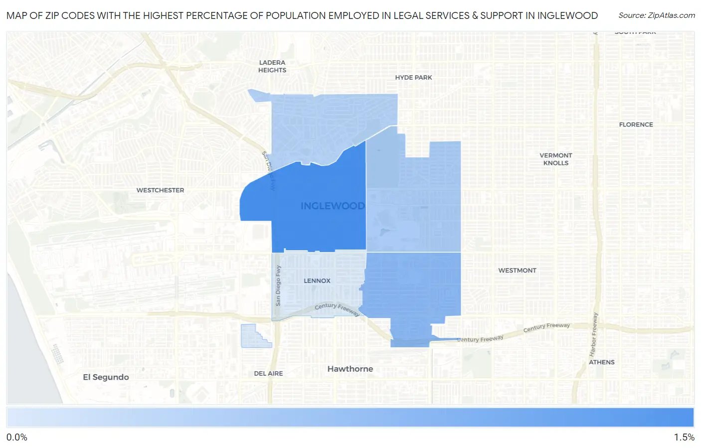 Zip Codes with the Highest Percentage of Population Employed in Legal Services & Support in Inglewood Map