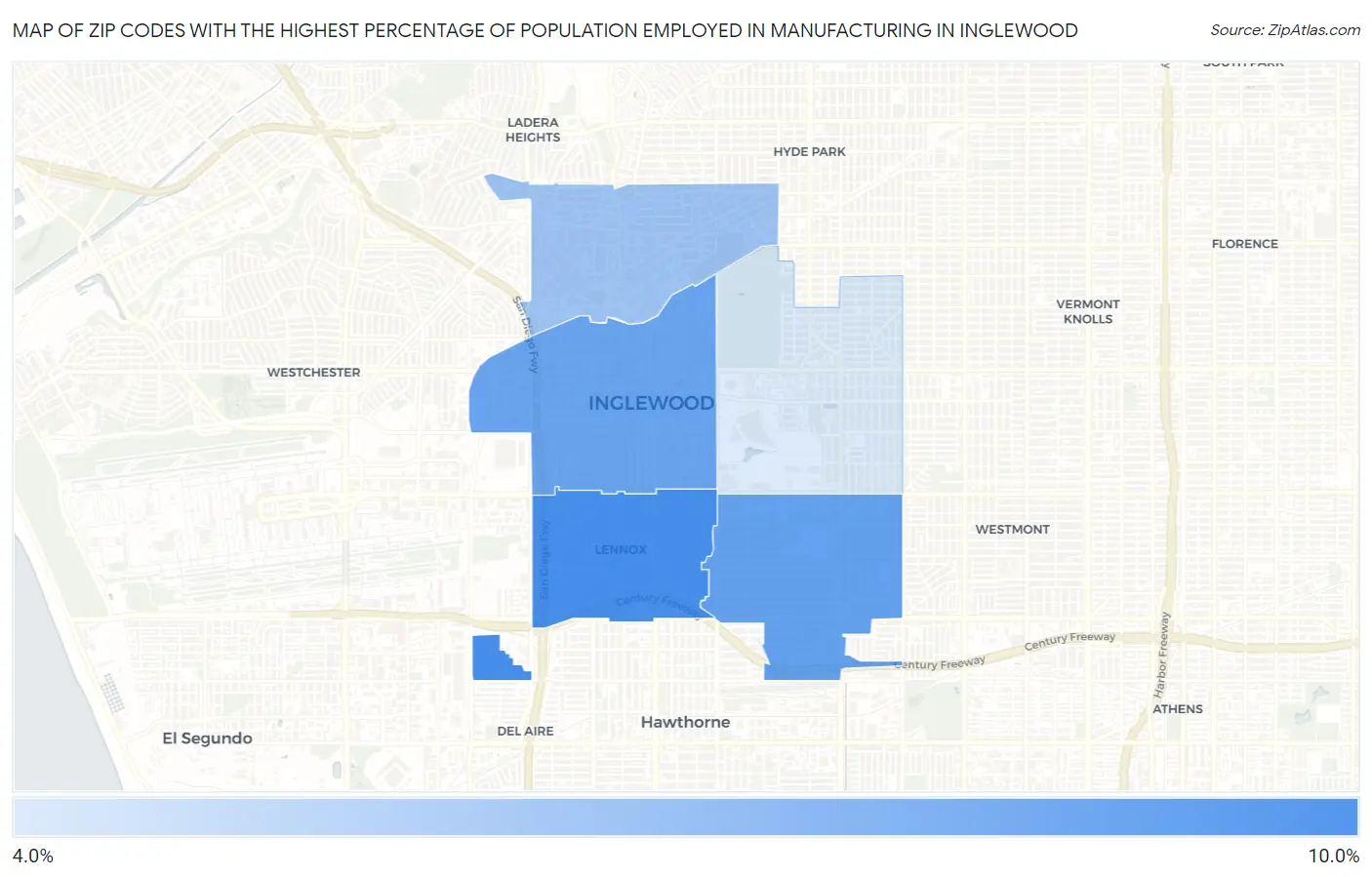 Zip Codes with the Highest Percentage of Population Employed in Manufacturing in Inglewood Map