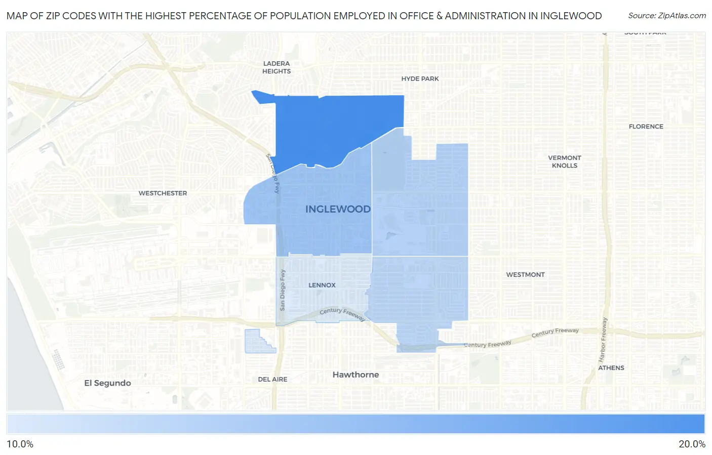 Zip Codes with the Highest Percentage of Population Employed in Office & Administration in Inglewood Map