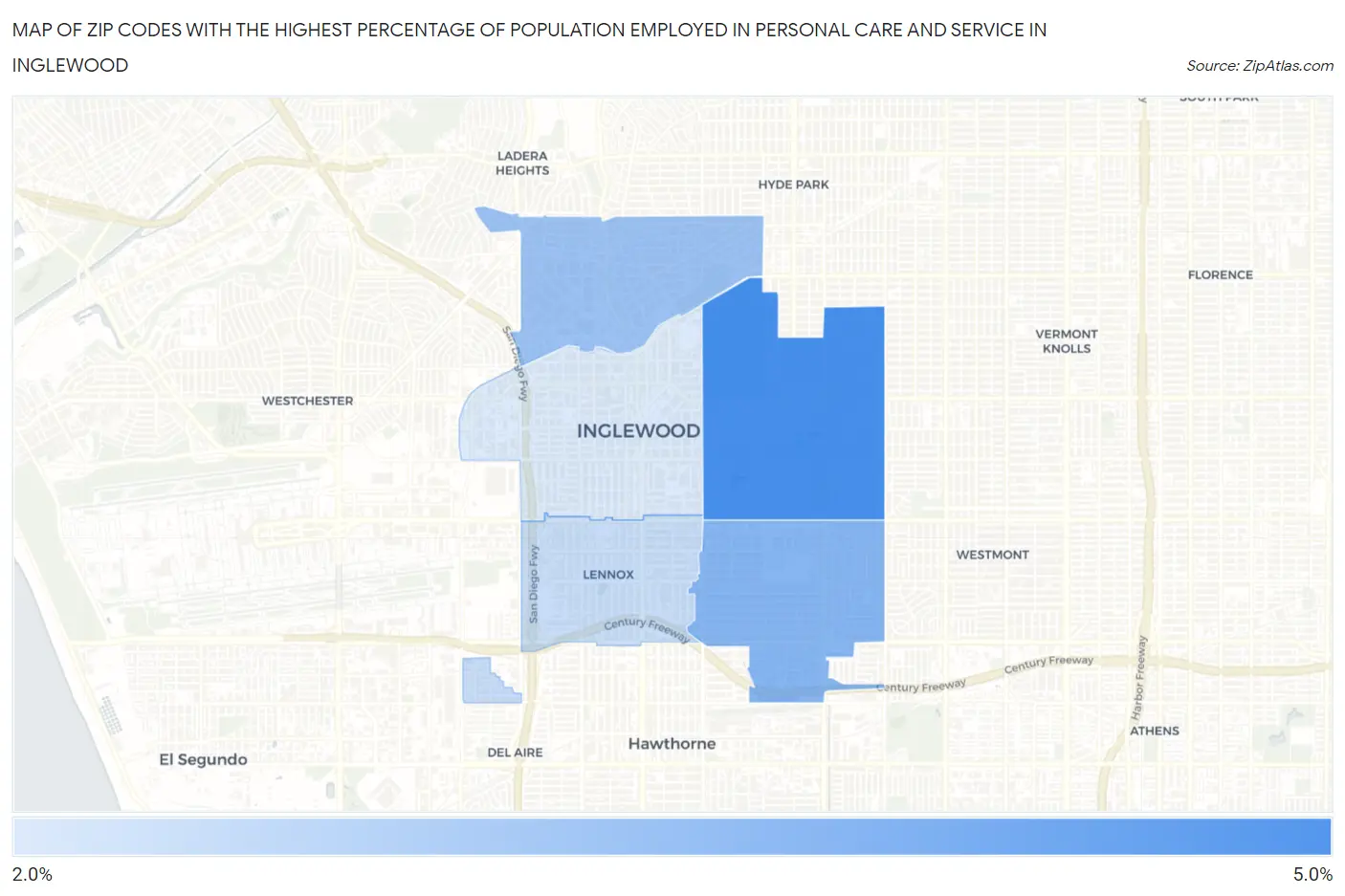 Zip Codes with the Highest Percentage of Population Employed in Personal Care and Service in Inglewood Map