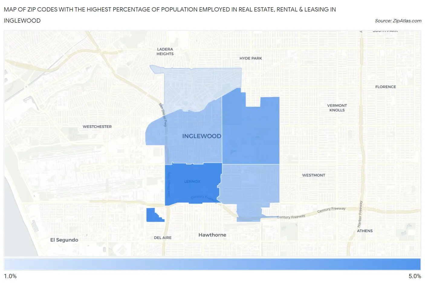 Zip Codes with the Highest Percentage of Population Employed in Real Estate, Rental & Leasing in Inglewood Map