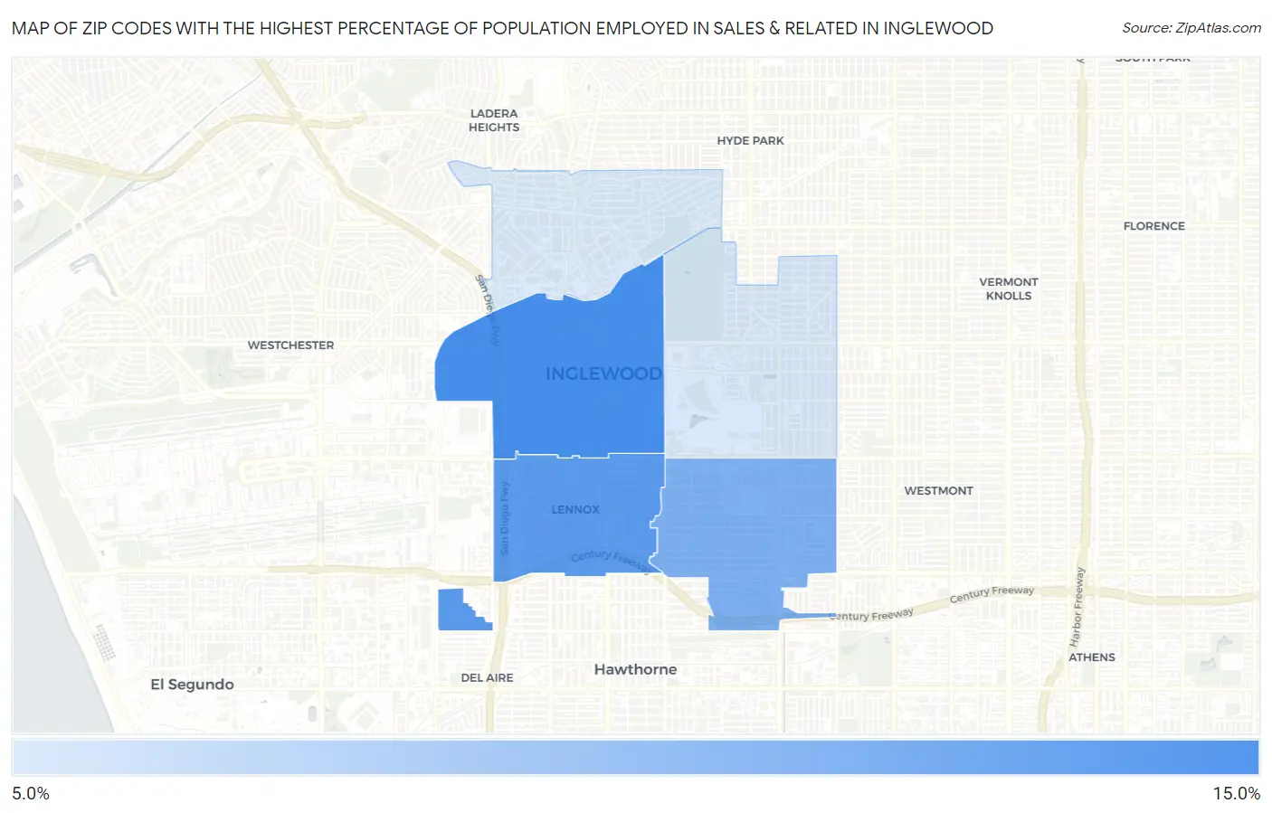 Zip Codes with the Highest Percentage of Population Employed in Sales & Related in Inglewood Map