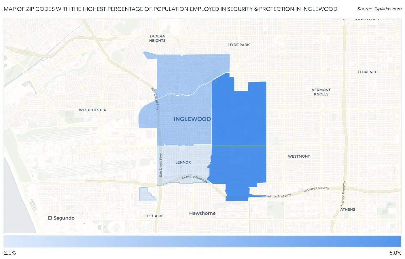 Zip Codes with the Highest Percentage of Population Employed in Security & Protection in Inglewood Map
