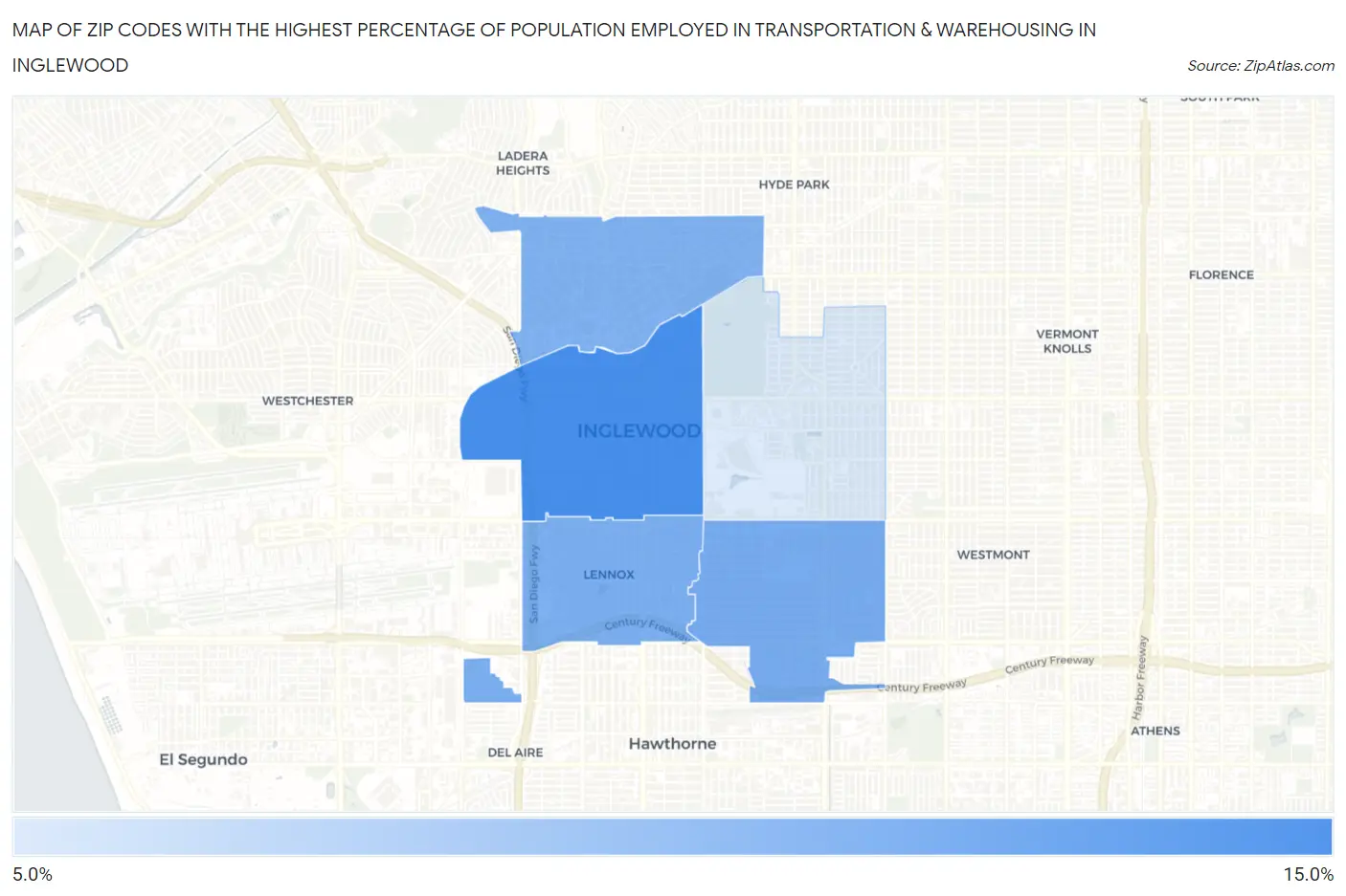 Zip Codes with the Highest Percentage of Population Employed in Transportation & Warehousing in Inglewood Map