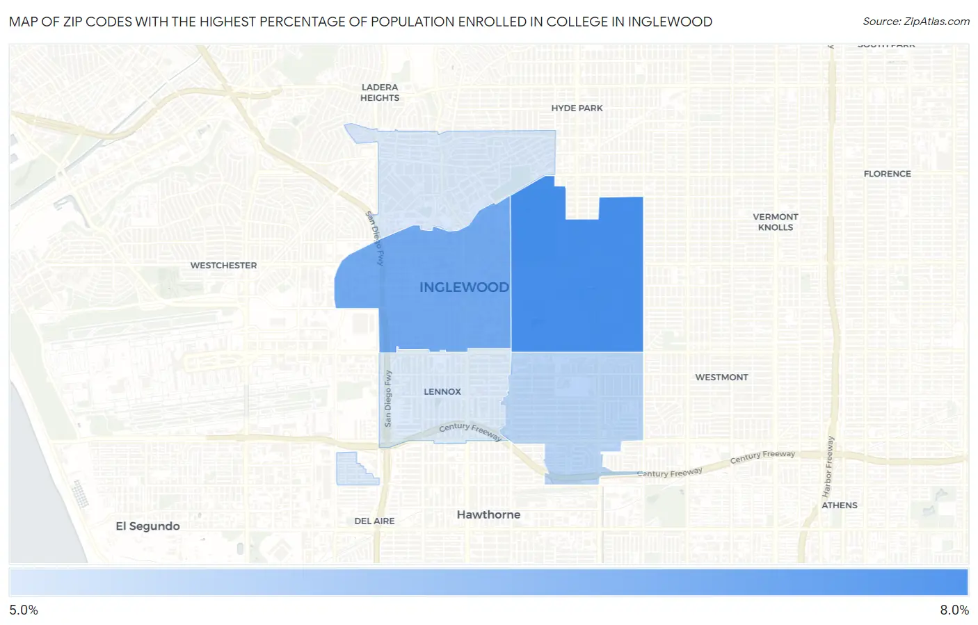 Zip Codes with the Highest Percentage of Population Enrolled in College in Inglewood Map