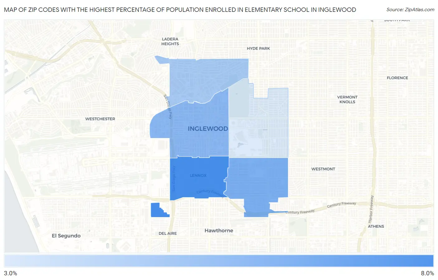 Zip Codes with the Highest Percentage of Population Enrolled in Elementary School in Inglewood Map