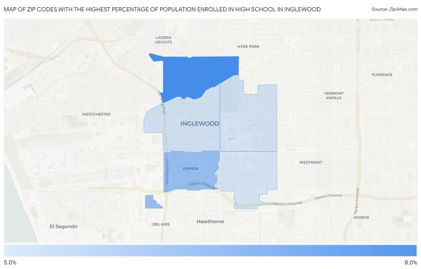 Zip Codes with the Highest Percentage of Population Enrolled in High School in Inglewood Map