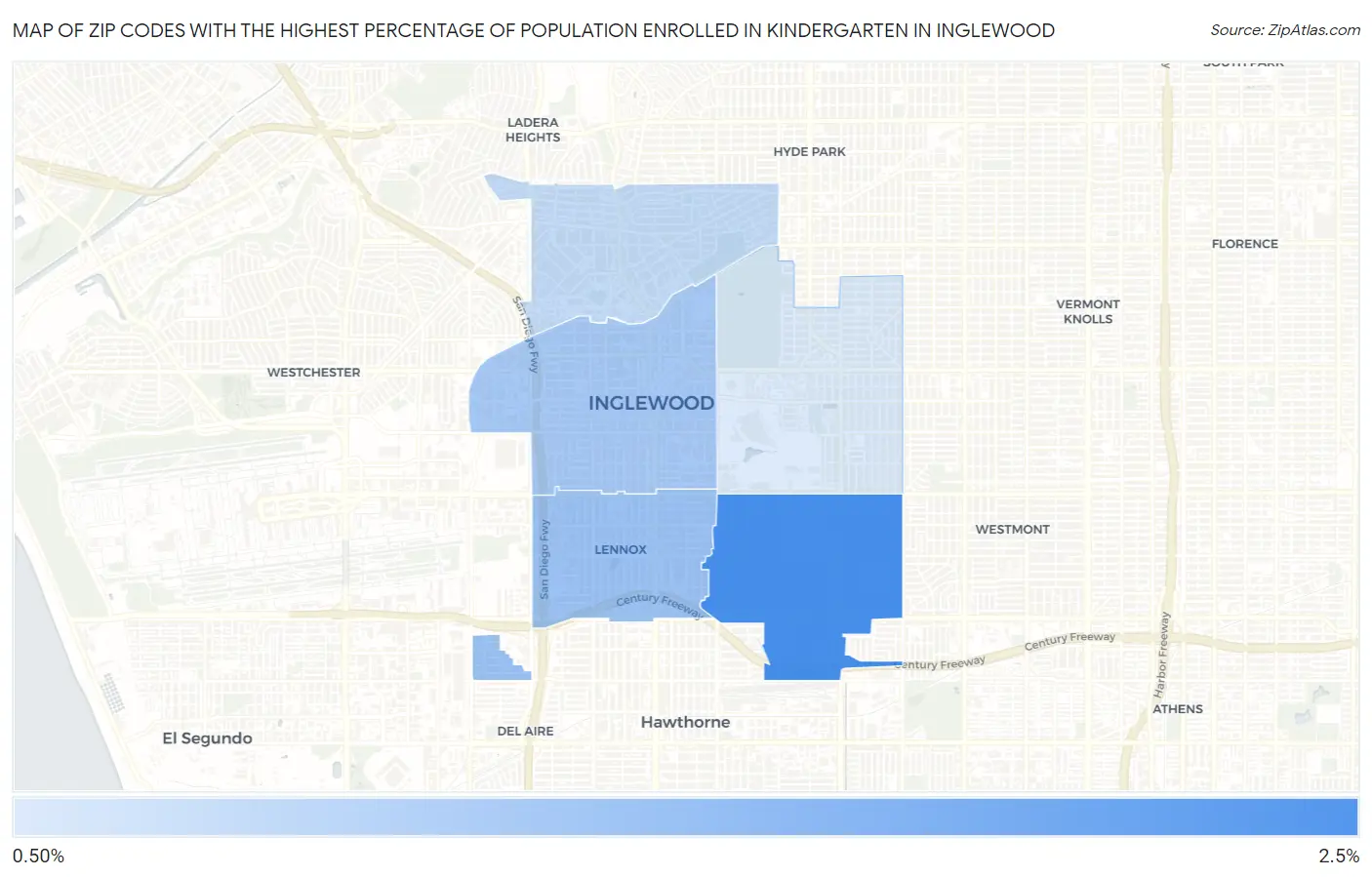 Zip Codes with the Highest Percentage of Population Enrolled in Kindergarten in Inglewood Map