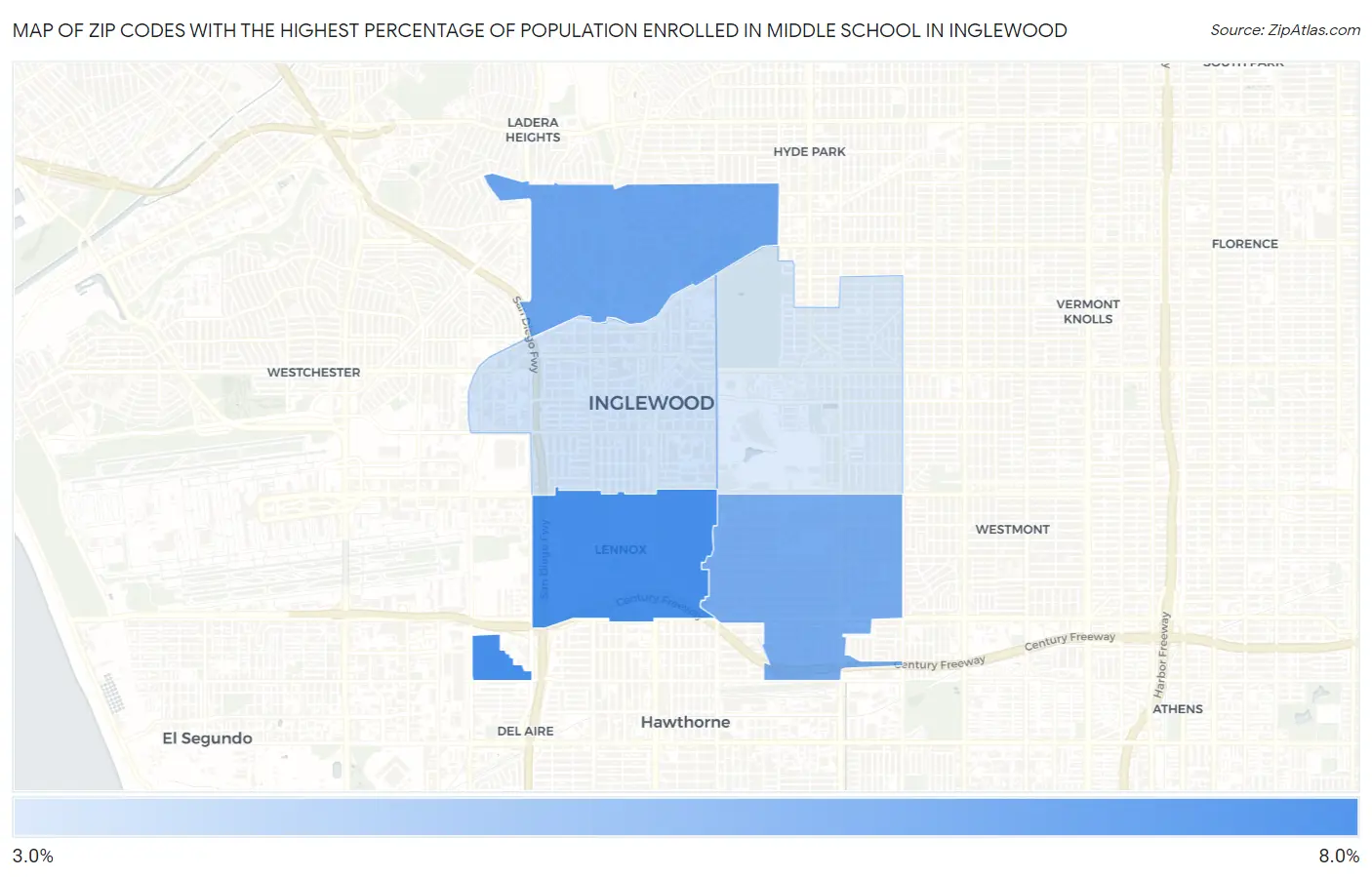 Zip Codes with the Highest Percentage of Population Enrolled in Middle School in Inglewood Map
