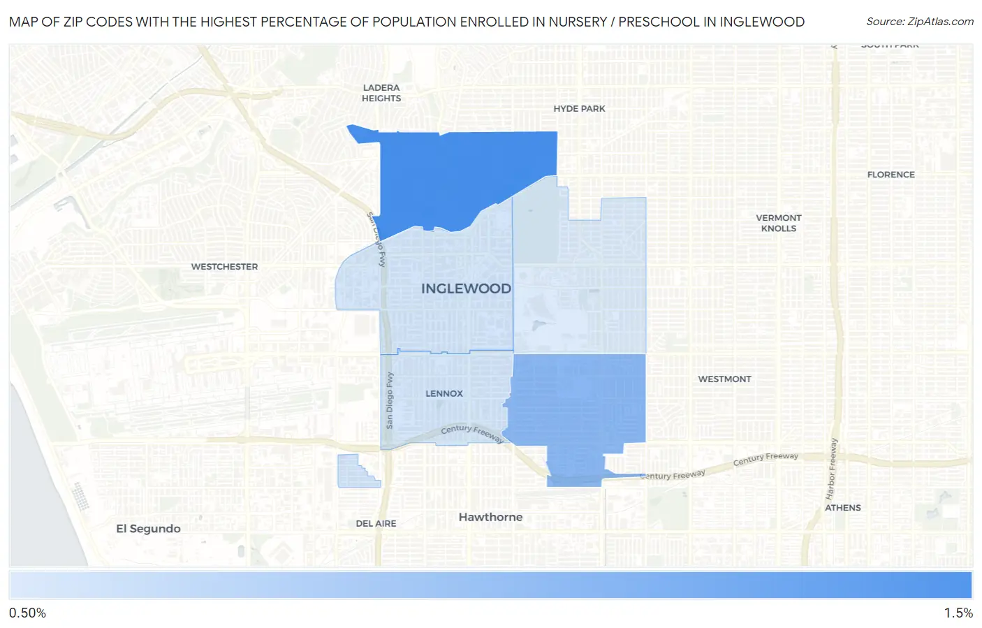 Zip Codes with the Highest Percentage of Population Enrolled in Nursery / Preschool in Inglewood Map