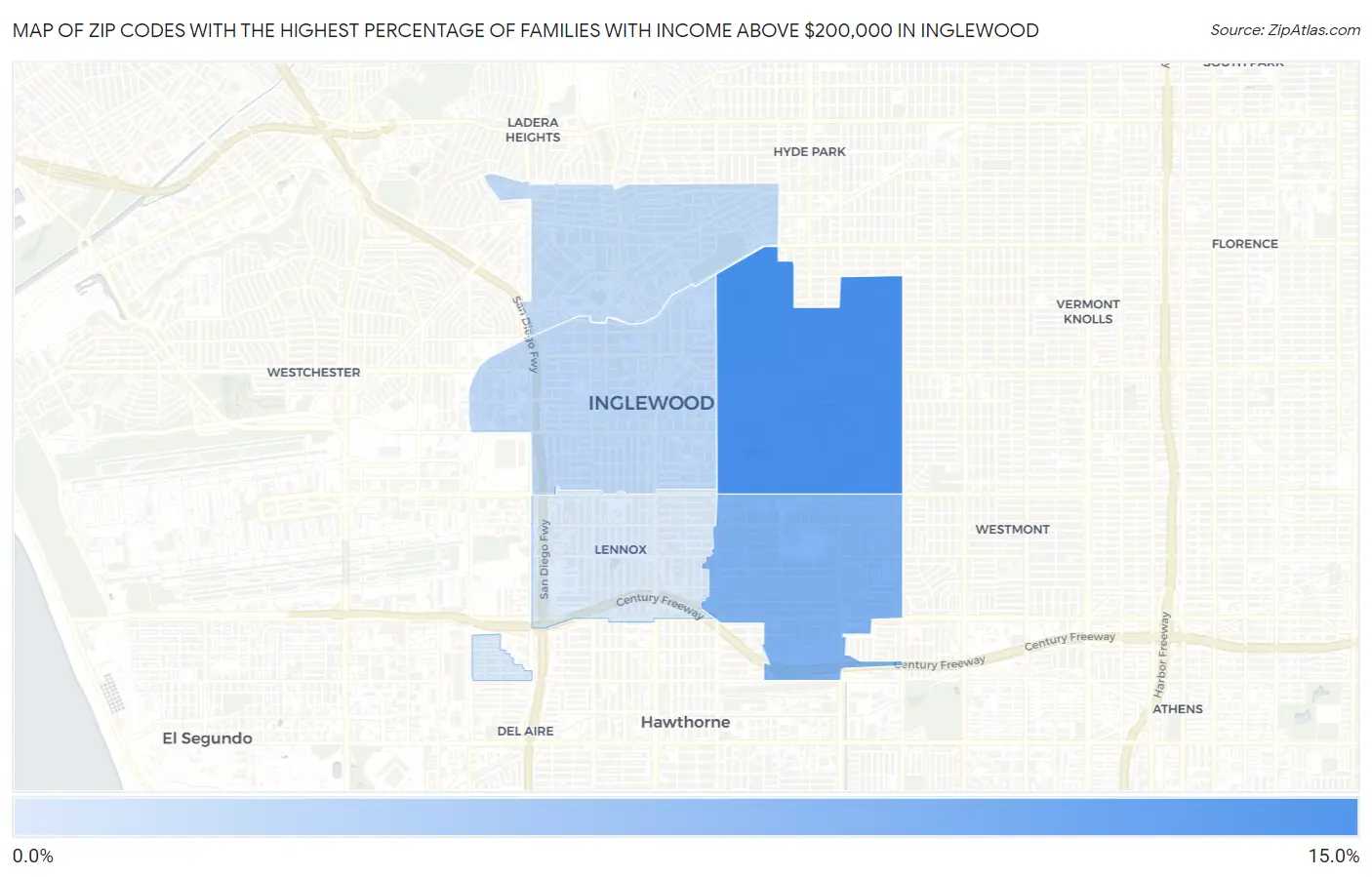Zip Codes with the Highest Percentage of Families with Income Above $200,000 in Inglewood Map