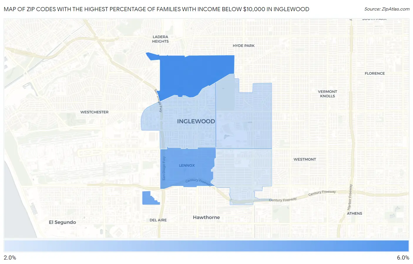 Zip Codes with the Highest Percentage of Families with Income Below $10,000 in Inglewood Map