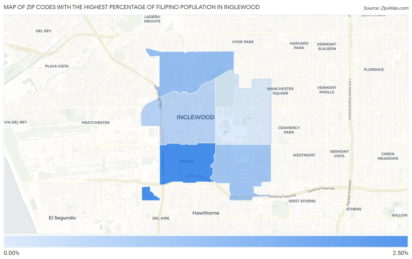 Zip Codes with the Highest Percentage of Filipino Population in Inglewood Map