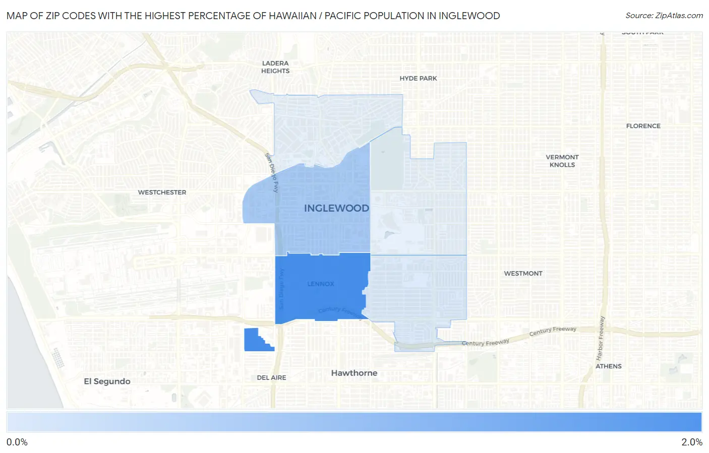 Zip Codes with the Highest Percentage of Hawaiian / Pacific Population in Inglewood Map