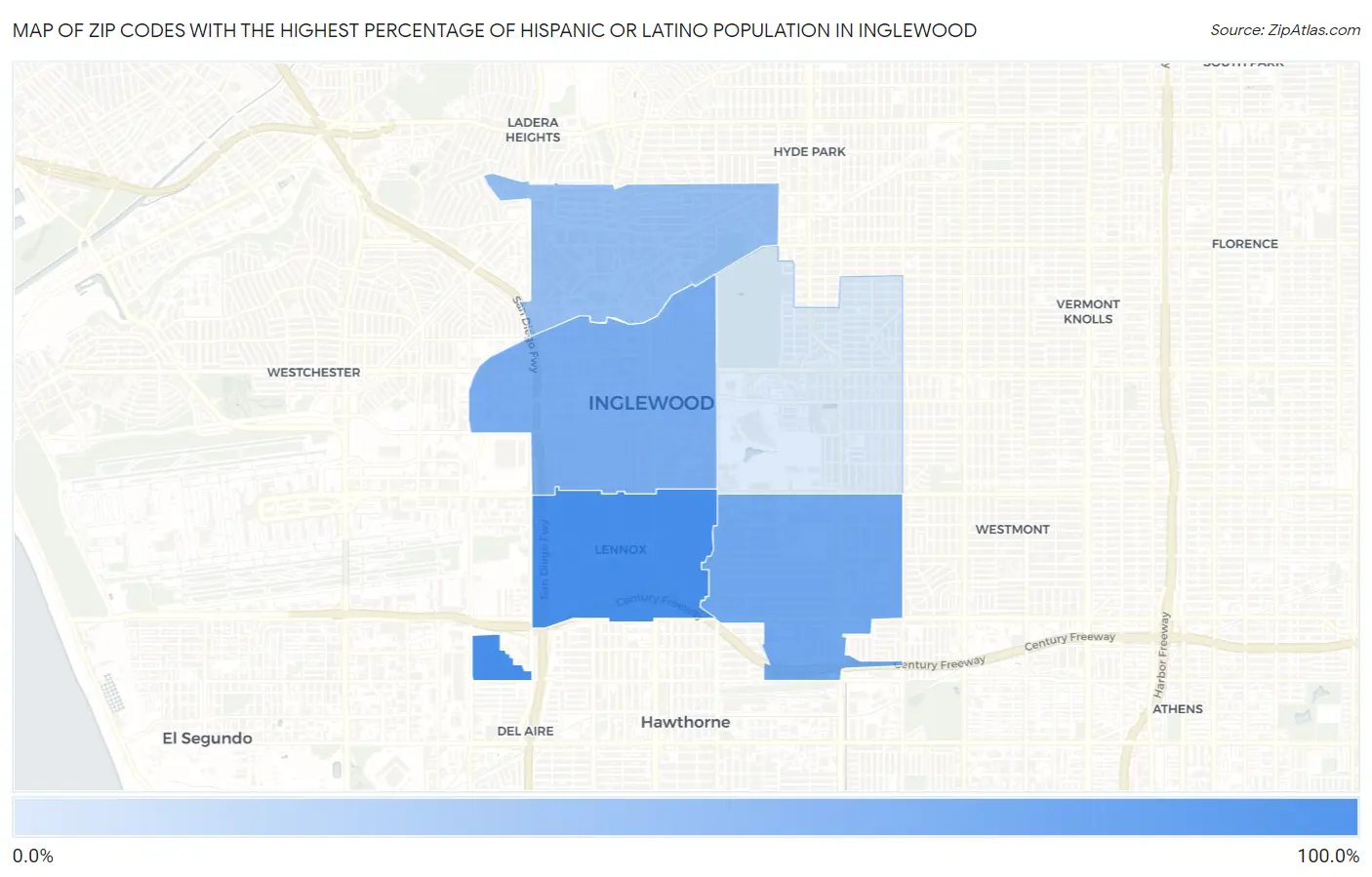 Zip Codes with the Highest Percentage of Hispanic or Latino Population in Inglewood Map