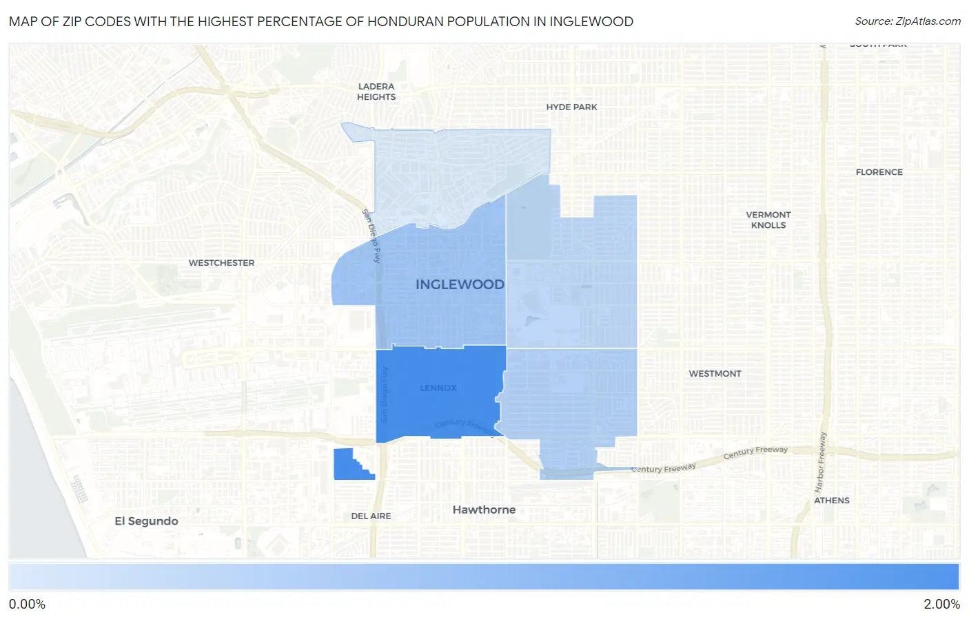 Zip Codes with the Highest Percentage of Honduran Population in Inglewood Map