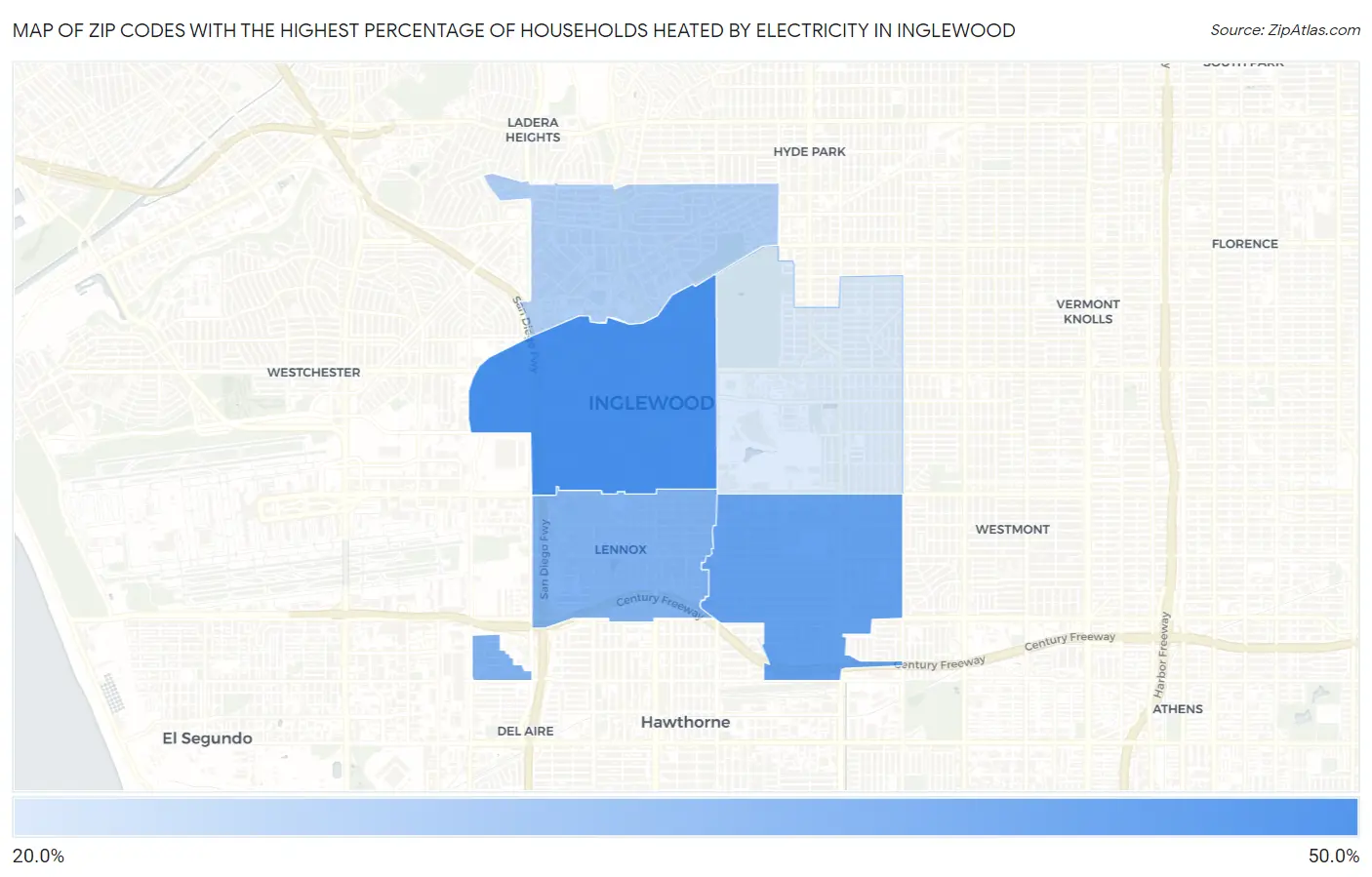 Zip Codes with the Highest Percentage of Households Heated by Electricity in Inglewood Map