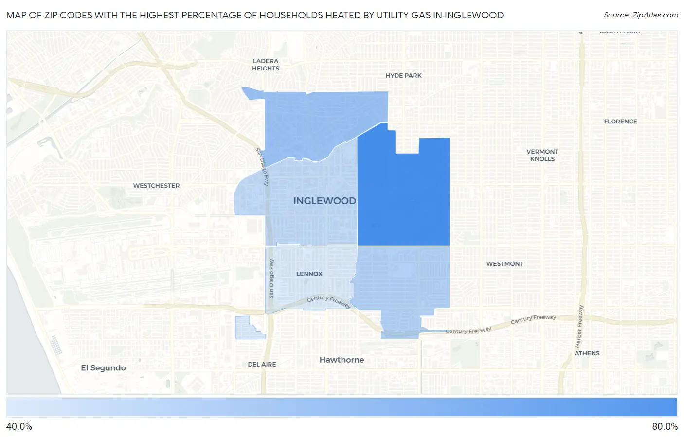 Zip Codes with the Highest Percentage of Households Heated by Utility Gas in Inglewood Map