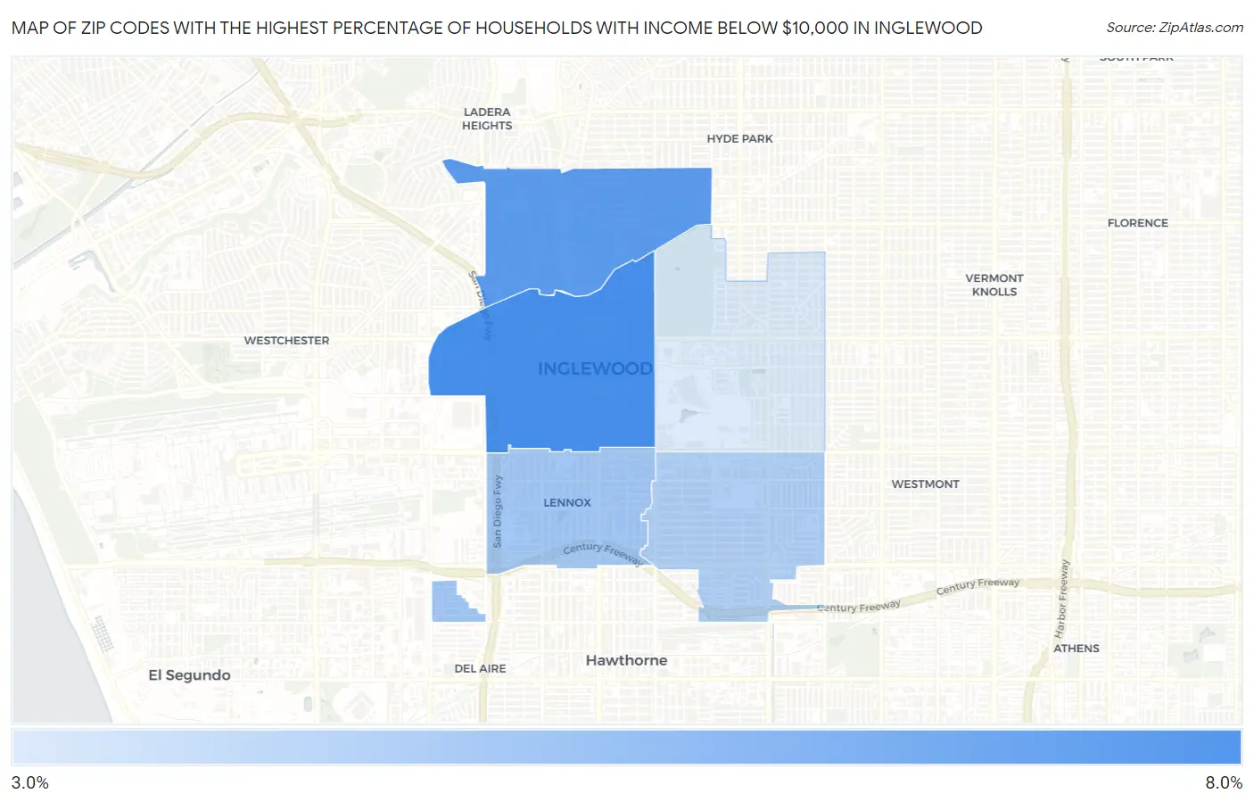 Zip Codes with the Highest Percentage of Households with Income Below $10,000 in Inglewood Map