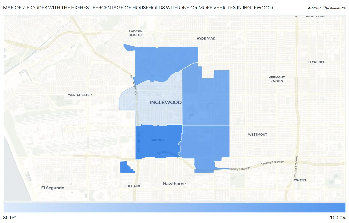Zip Codes with the Highest Percentage of Households With One or more Vehicles in Inglewood Map