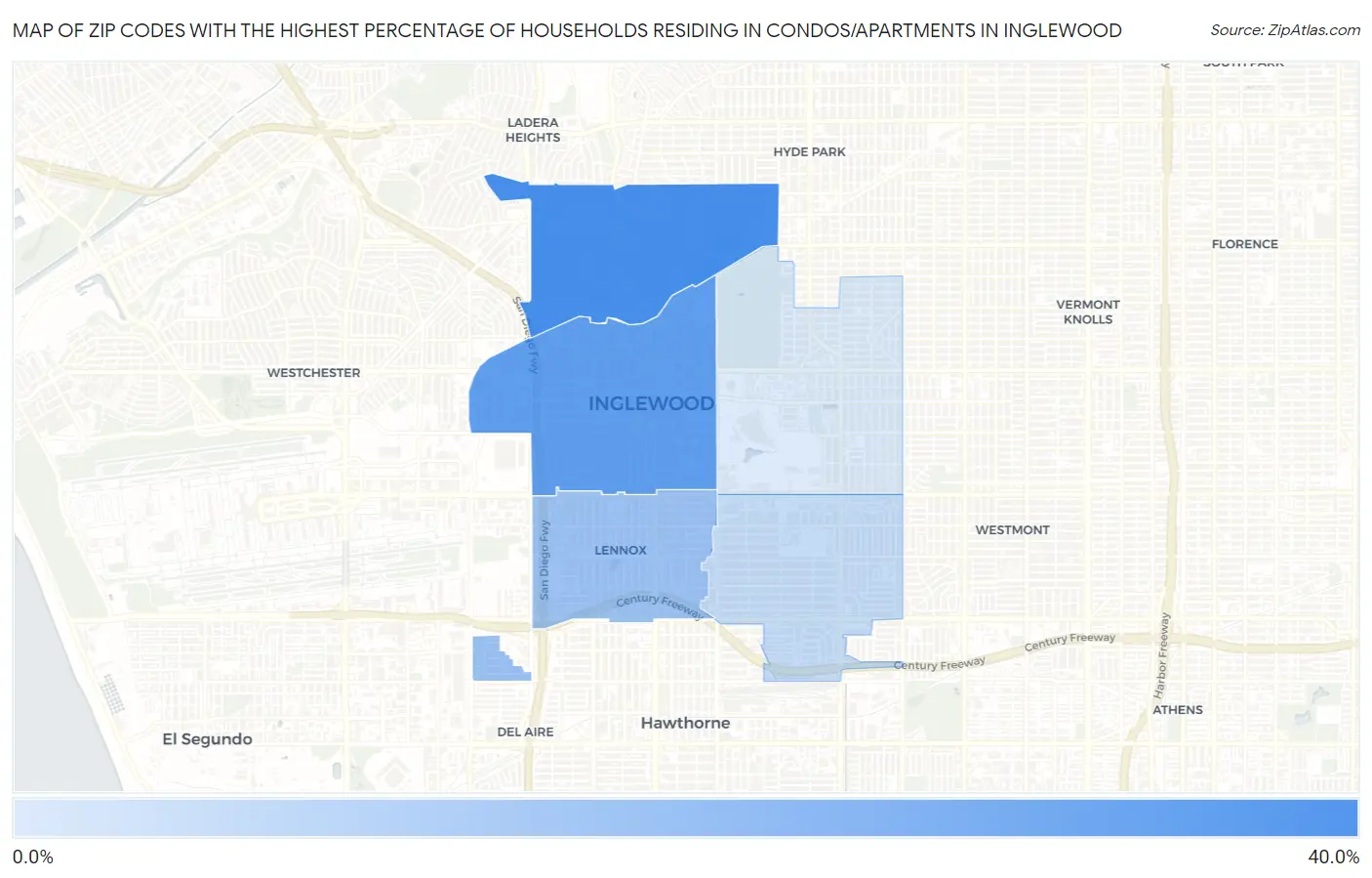 Zip Codes with the Highest Percentage of Households Residing in Condos/Apartments in Inglewood Map