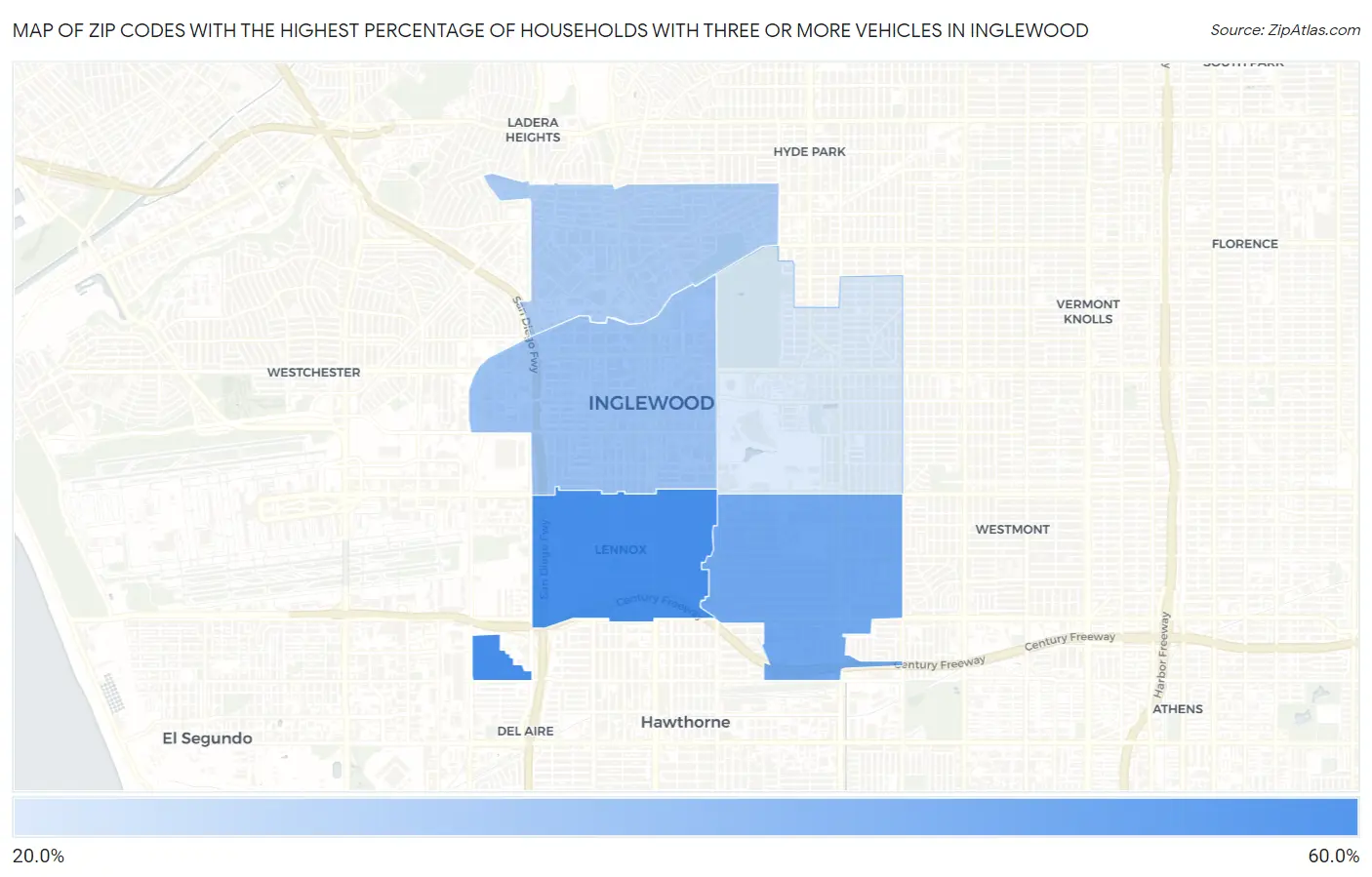 Zip Codes with the Highest Percentage of Households With Three or more Vehicles in Inglewood Map